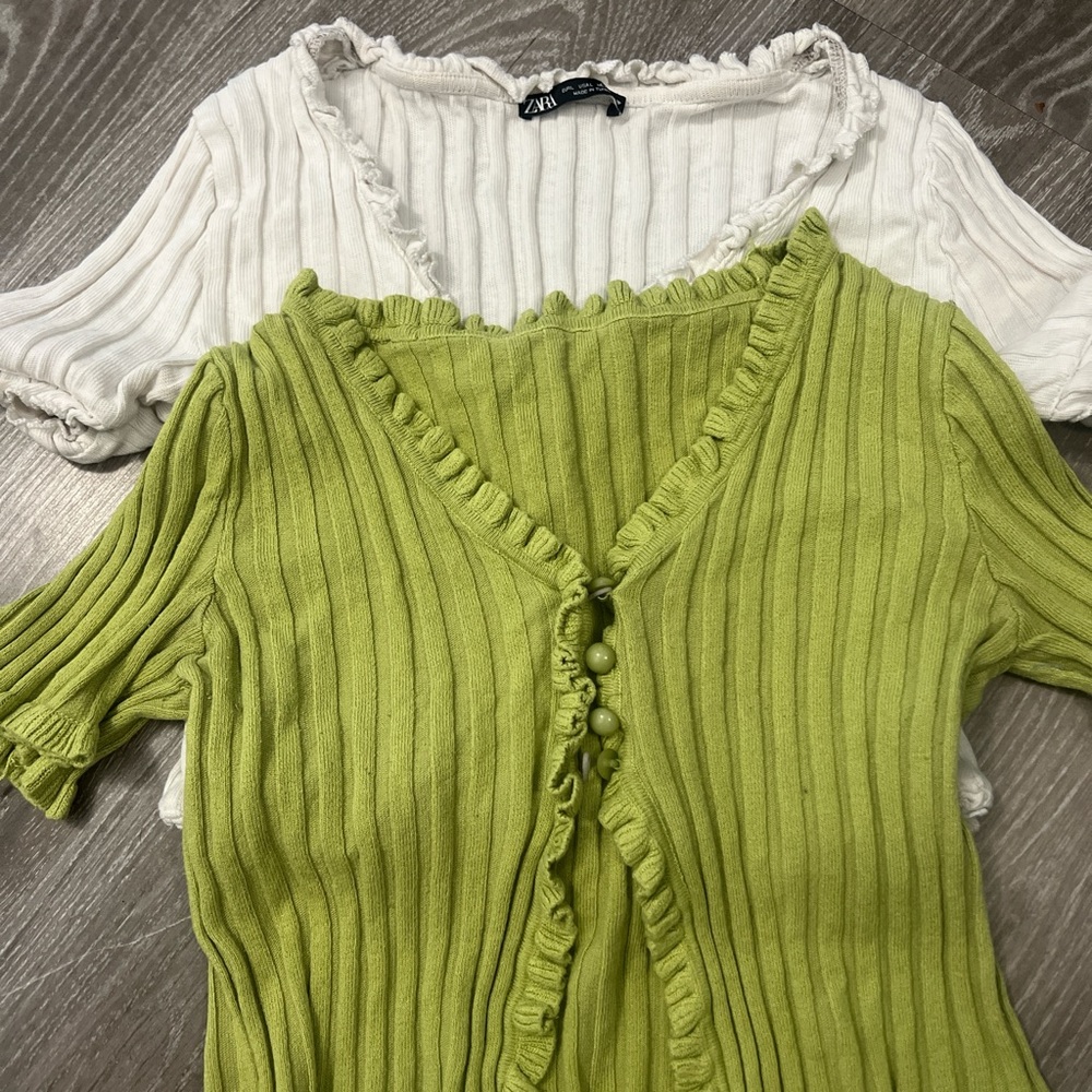 Zara Women's Ribbed Ruffle Blouses - Green and Cream
